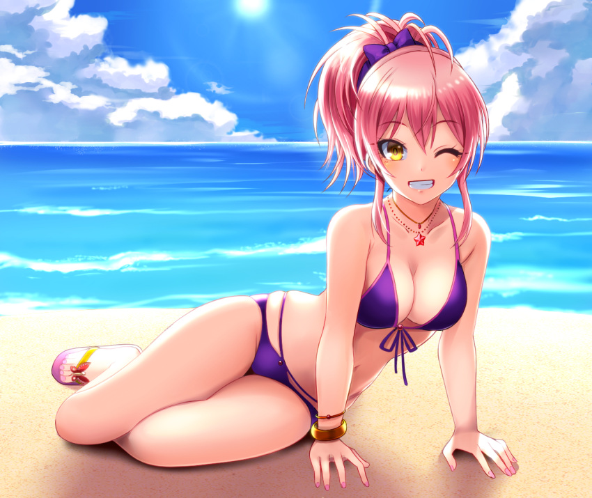 arm_support beach bikini blush bow bracelet breasts cleavage collarbone commentary_request day eyelashes female grin hair_between_eyes hairbow hip_focus idolmaster idolmaster_cinderella_girls jewelry jougasaki_mika long_hair looking_at_viewer lying medium_breasts multi-strapped_bikini necklace ocean on_side one_eye_closed ooike_teru outdoors pink_hair purple_bikini purple_bow sandals sidelocks smile solo sunlight swimsuit thighs yellow_eyes