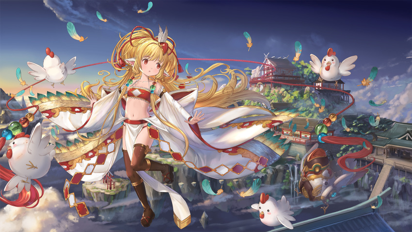 animal_ears bandeau beads bird black_legwear brown_eyes brown_hair building chicken chinese_commentary cloud commentary_request detached_sleeves feathers female flat_chest floating_island flying gold_trim granblue_fantasy hair_beads hair_ornament harvin highres huanghyy loincloth long_hair mahira_(granblue_fantasy) midriff navel open_mouth outdoors outstretched_arms panties photoshop_(medium) ponytail red_panties rope sandals showgirl_skirt sky thighhighs underwear