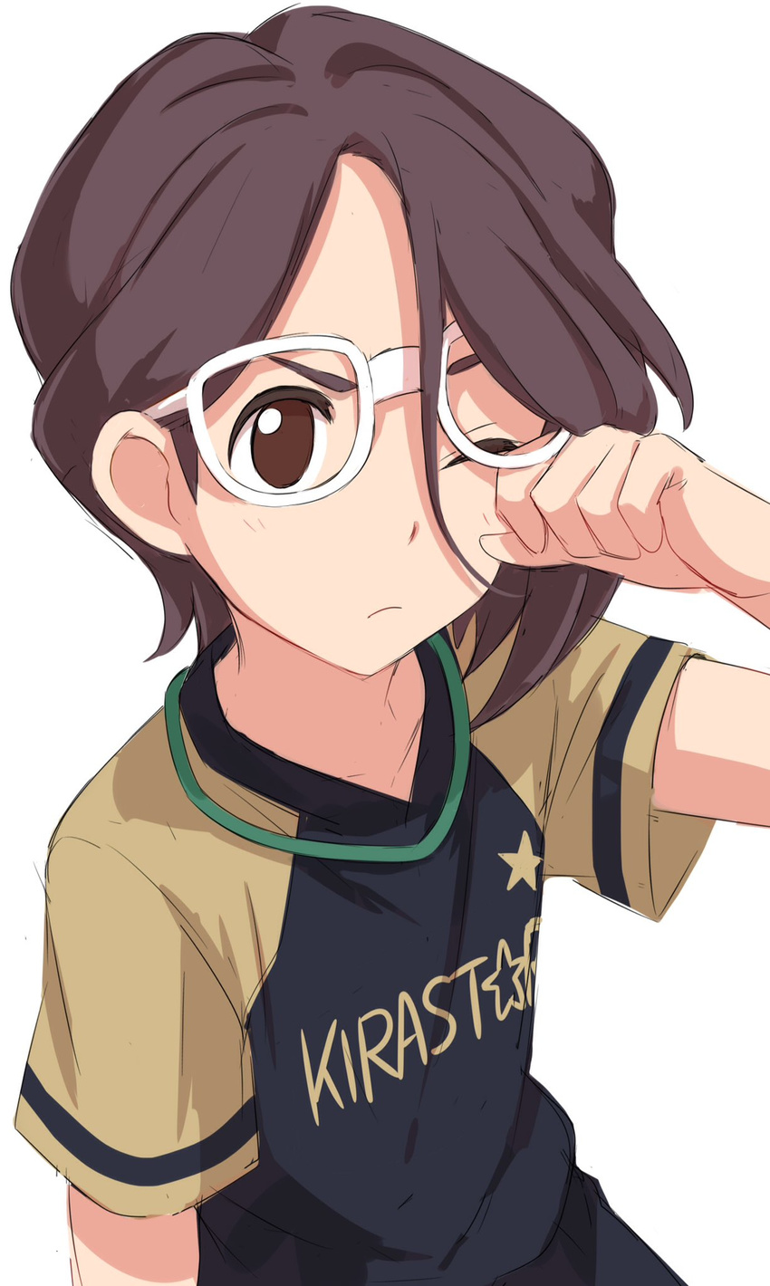 >:( 1boy brown_eyes brown_hair closed_mouth commentary_request frown glasses highres inazuma_eleven inazuma_eleven_(series) inazuma_eleven_ares_no_tenbin looking_at_viewer male_focus medium_hair one_eye_closed rubbing_eyes sekina shirt short_sleeves simple_background solo upper_body v-shaped_eyebrows white_background yagihara_katsumi