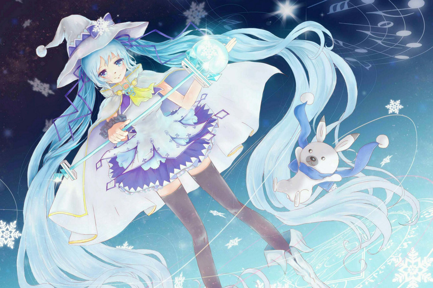 1other black_legwear blue_eyes blue_hair blue_skirt boots cape chinese_commentary commentary dutch_angle eighth_note eisa female half_note hat hatsune_miku highres long_hair musical_note photoshop_(medium) quarter_note rabbit rabbit_yukine sixteenth_note skirt snowflake_hat_ornament snowflakes staff staff_(music) suki!_yuki!_maji_magic_(vocaloid) thighhighs thirty-second_note treble_clef twintails very_long_hair vocaloid white_cape white_footwear white_hat witch_hat yuki_miku yuki_miku_(2014)