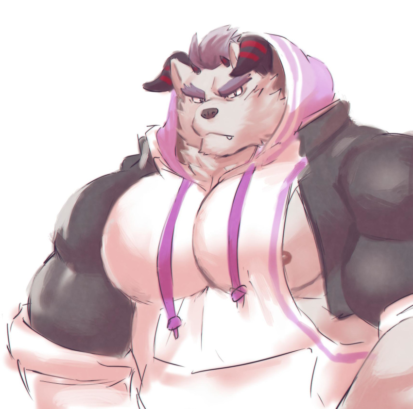 anthro behemoth_(tas) bust_portrait clothing episode0006 fur hair hi_res hoodie horn lifewonders male monster muscular muscular_anthro muscular_male nipples pecs portrait purple_hair solo tokyo_afterschool_summoners topwear white_body white_fur