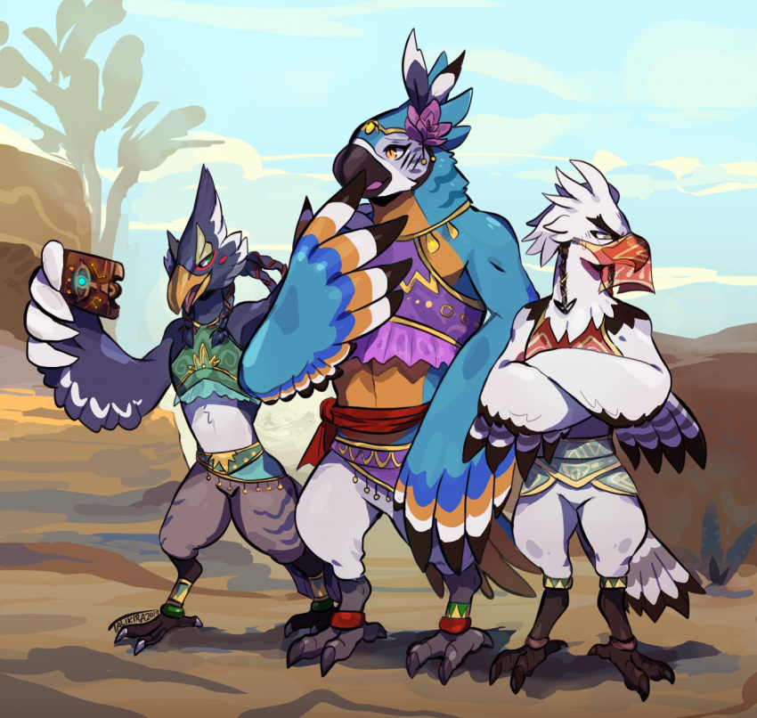 2019 anthro avian beak bird blush breath_of_the_wild clothed clothing crossdressing crossed_arms feathers furikake gerudo_outfit green_eyes group hi_res kass_(tloz) male midriff multicolored_body multicolored_feathers navel nintendo pupils revali rito selfie slit_pupils standing teba_(tloz) the_legend_of_zelda tongue tongue_out veil winged_arms wings yellow_eyes