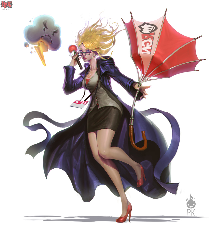 alternate_costume banned_artist bespectacled blonde_hair blue_eyes breasts broken_umbrella cleavage cloud concept_art forecast_janna glasses high_heels highres janna_windforce league_of_legends long_coat long_hair medium_breasts microphone official_art paul_kwon pencil_skirt red_footwear reporter shoes skirt solo umbrella wind wind_lift