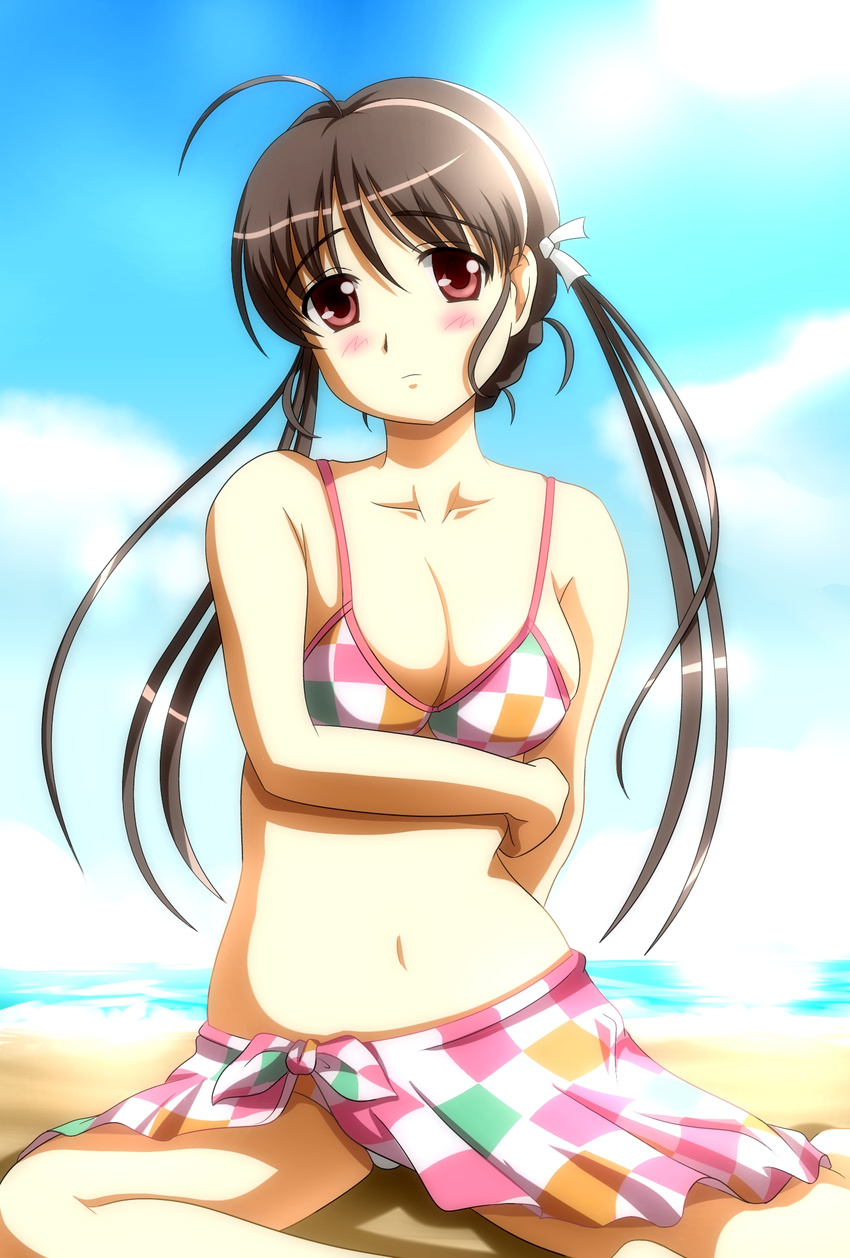 ahoge bad_id bad_pixiv_id bikini blush breasts brown_hair checkered_bikini checkered_clothes cleavage female frown fuuraiki highres kazusa_fujinomiya navel red_eyes sarong serizawa_koyomi swimsuit twintails