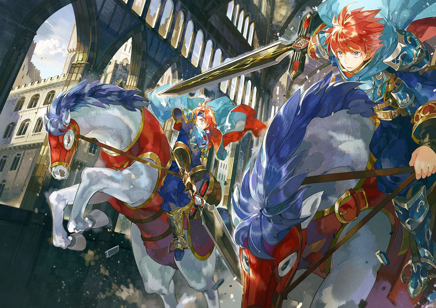 2boys animal armor barding blue_eyes cape castle commentary_request durandal_(fire_emblem) eliwood_(fire_emblem) father_and_son fire_emblem fire_emblem:_the_binding_blade fire_emblem:_the_blazing_blade fire_emblem_heroes headband holding holding_sword holding_weapon horse horseback_riding multiple_boys noki_(affabile) red_hair riding roy_(brave_lion)_(fire_emblem) roy_(fire_emblem) spiked_hair sword weapon