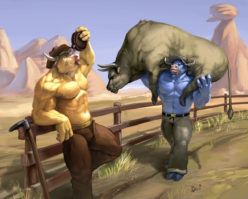 2012 abs against_fence against_surface anthro barefoot beard belly belt biceps big_muscles black_eyes blonde_hair blue_body bottle bottomwear bovid bovine brown_body canteen carrying_another cattle chewing chewing_grass clothed clothing container cowboy_hat dessert detailed_background digital_media_(artwork) digital_painting_(artwork) dirt facial_hair feet fence feral fireman's_carry flask food fur grass group hair hat hay headgear headwear holding_object hooves horn huge_muscles lion21 male mammal manly mature_anthro mature_male muscular muscular_anthro muscular_feral muscular_male object_in_mouth outside pants pecs plant pose pouring rock side_view size_difference smaller_male standing tools topless walking water wet wheat wild_west_c.o.w.-boys_of_moo_mesa