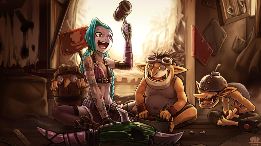 3boys aqua_hair barrel belt blurry commentary_request controller depth_of_field detonator dota_(series) dota_2 female fingerless_gloves flat_chest gloves goblin_techies goggles goggles_on_head helmet hiding highres jinx_(league_of_legends) kannovaku league_of_legends mallet multiple_boys photoshop_(medium) remote_control sign signpost sitting skull_and_crossbones tank_top warning_sign weapon