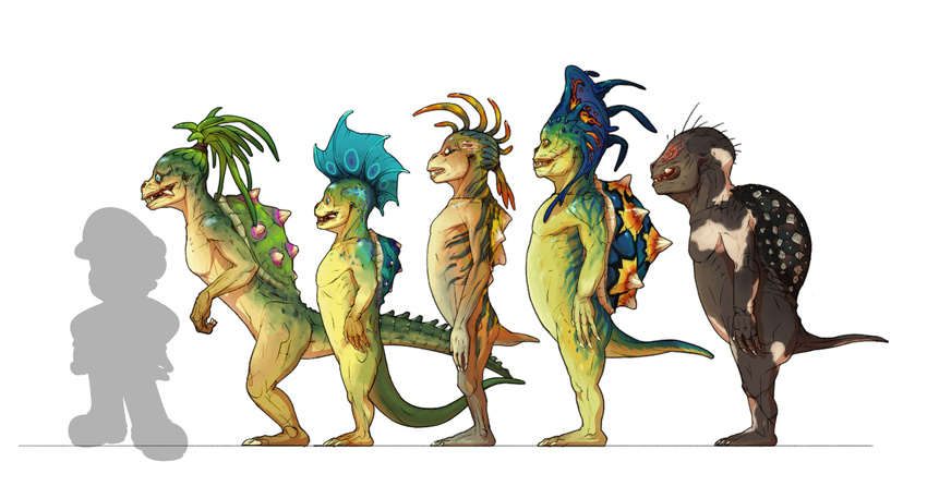 anthro black_body black_scales extra-vertebrae green_body green_scales group iggy_koopa koopa koopaling larry_koopa lemmy_koopa ludwig_von_koopa male mario mario_bros mario_calimocho morton_koopa_jr. multicolored_body multicolored_scales nintendo realistic reptile scales scalie side_view silhouette simple_background standing tan_body tan_scales turtle two_tone_body two_tone_scales white_background