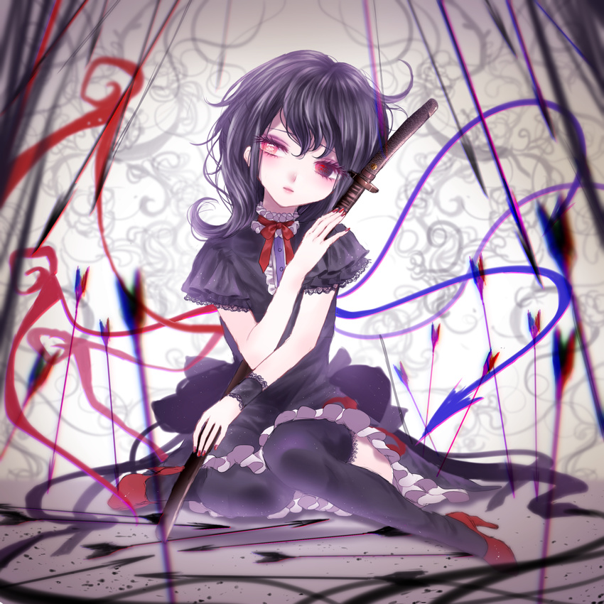 arrow_(projectile) asymmetrical_wings bad_id bad_pixiv_id black_dress black_hair black_thighhighs bow bowtie chromatic_aberration collar commentary_request dress female frilled_collar frilled_dress frilled_sleeves frilled_thighhighs frills hair_between_eyes high_heels highres houjuu_nue hugging_object katana kuyuru_(vocalo520) rain_of_arrows red_bow red_bowtie red_eyes red_footwear scabbard sheath sheathed shoes short_sleeves sitting solo sword thighhighs touhou wariza weapon wings wrist_cuffs