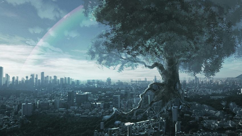 blue_sky building city cityscape cloud cloudy_sky commentary_request day fantasy giant_tree highres no_humans original outdoors rainbow scenery sky skyline skyscraper sorakuma_(oycue41) tree