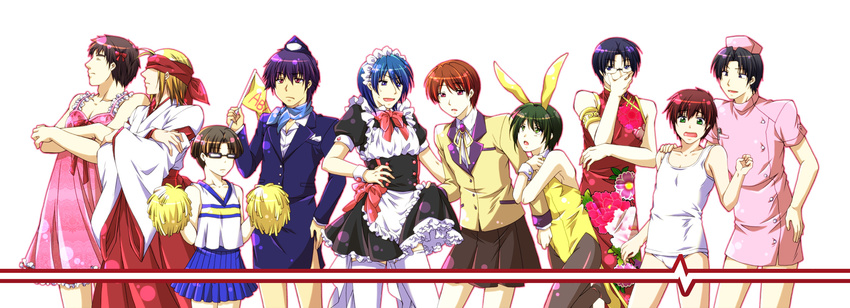 6+boys angel_beats! animal_ears bad_id bad_pixiv_id blonde_hair brown_hair cheerleader china_dress chinese_clothes crossdressing dress fujimaki_(angel_beats!) green_hair hat highres hinata_hideki japanese_clothes maid male_focus male_playboy_bunny matsushita_(angel_beats!) miko multiple_boys naoi_ayato nightgown noda_(angel_beats!) nurse nurse_cap ooyama_(angel_beats!) orange_hair otonashi_yuzuru pantyhose pencil_skirt playboy_bunny purple_hair rabbit_ears school_swimsuit school_uniform skirt swimsuit takamatsu_(angel_beats!) takeyama_(angel_beats!) thighhighs tk_(angel_beats!) travel_attendant tsubasam