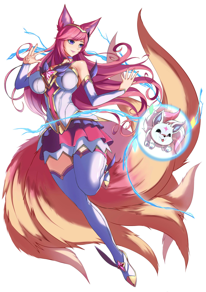 ahri alternate_costume alternate_hair_color animal_ears bare_shoulders breasts female fox_ears fox_tail large_breasts league_of_legends long_hair magical_girl peach_hair pink_hair purple_eyes skirt smile solo star_guardian_ahri thigh_boots tiara torahime_(artist)