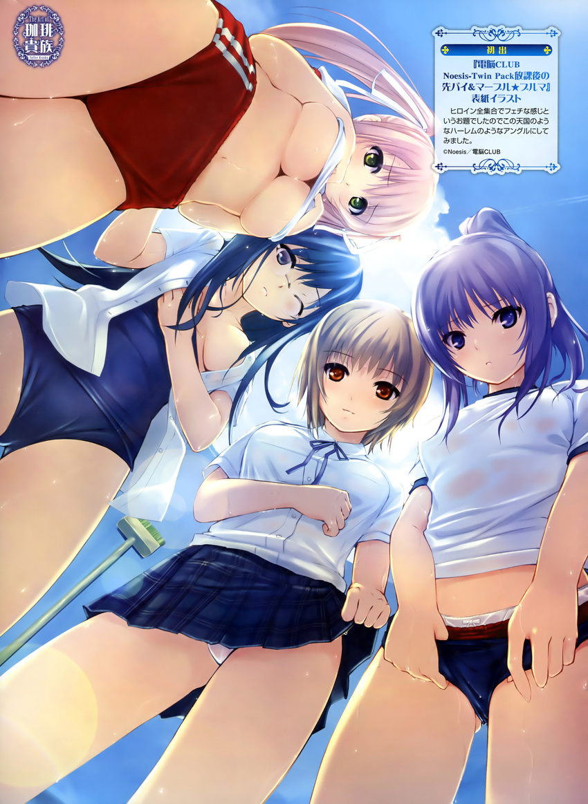 4girls absurdres asagiri_luna blue_eyes blue_hair blue_sky bow bow_panties breast_suppress breasts brown_eyes brown_hair buruma buruma_pull chitose_mayumi clothes_lift clothes_pull coffee-kizoku company_connection crossover day dengeki_moeou from_below glasses green_eyes gym_uniform hair_ribbon highres houkago_no_senpai large_breasts lifting_own_clothes long_hair looking_down marble_bloomers misaki_sayoko multiple_girls narikawa_saki navel noesis one-piece_swimsuit one-piece_swimsuit_pull one_eye_closed open_clothes open_shirt outdoors panties photoshop_(medium) pink_hair plaid plaid_skirt pleated_skirt ponytail pool pulling_own_clothes purple_eyes purple_hair ribbon scan school_swimsuit school_uniform see-through shirt short_hair skirt skirt_lift sky swimsuit twintails underboob underwear upskirt wet wet_clothes wet_panties wet_shirt white_panties