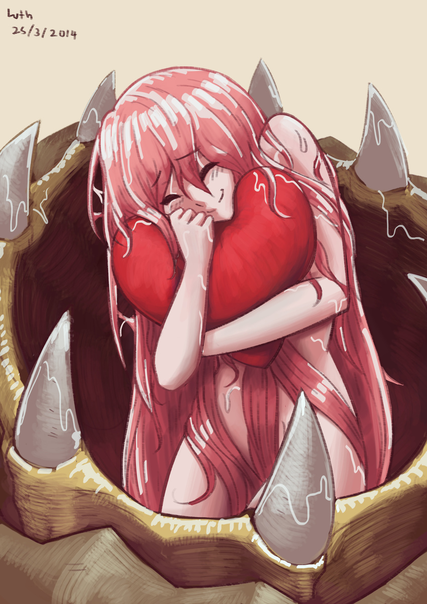 absurdres closed_eyes female heart heart-shaped_pillow highres hug hugging_object long_hair lutherniel monster_girl monster_girl_encyclopedia photoshop_(medium) pillow pillow_hug red_hair sandworm_(monster_girl_encyclopedia) solo