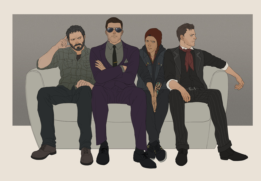 4boys beanie beard bioshock bioshock_infinite black_hair booker_dewitt boss_(saints_row) brown_hair crossed_arms crossover delsin_rowe facial_hair formal gb_(doubleleaf) hat infamous joel_(the_last_of_us) multiple_boys necktie saints_row scarf seiyuu_connection suit sunglasses tattoo the_last_of_us troy_baker