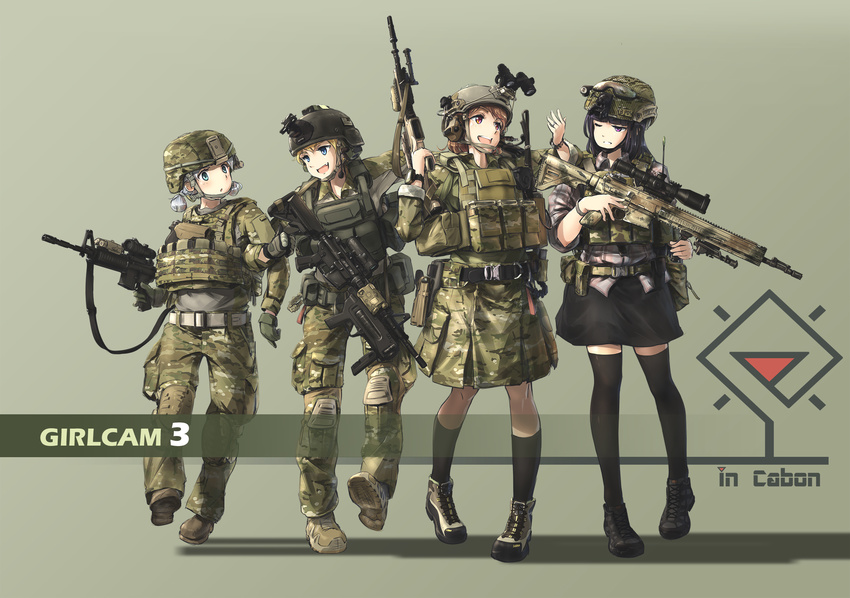 4girls :d :o adapted_uniform belt black_hair blonde_hair blue_eyes brown_eyes brown_hair camouflage camouflage_skirt chinese_commentary commentary_request girlcam_(tanto) gloves goggles gun gun_sling helmet highres holding holding_gun holding_weapon holster kneehighs load_bearing_vest locked_arms long_hair military military_uniform mixed-language_commentary multiple_girls night_vision_device one_eye_closed open_mouth photoshop_(medium) pouch purple_eyes rifle scope short_hair silver_hair skirt smile socks soldier tanto_(tc1995) thighhighs trigger_discipline uniform walking watch weapon woodland_camouflage wristwatch zettai_ryouiki