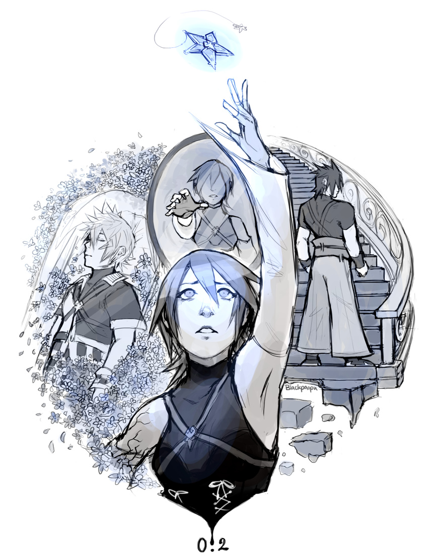 2boys aqua_(kingdom_hearts) arm_up armpits artist_name asymmetrical_clothes blackpaopu closed_eyes detached_sleeves dual_persona female fingerless_gloves flower gloves highres kingdom_hearts looking_up mirror monochrome multiple_boys outstretched_arm parted_lips stairs stairwell terra_(kingdom_hearts) ventus