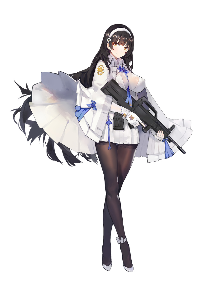 absurdres ankle_ribbon assault_rifle august1st between_breasts black_hair breasts brown_eyes brown_legwear bullpup cloak covered_nipples crossed_legs fingerless_gloves flower full_body girls_frontline gloves gun hair_flower hair_ornament hairband highres holding holding_gun holding_weapon impossible_clothes kishiyo large_breasts long_hair looking_at_viewer pantyhose pleated_skirt qbz-95 qbz-95_(girls_frontline) ribbon rifle skirt smile solo standing thigh_gap thighband_pantyhose transparent_background trigger_discipline very_long_hair watson_cross weapon white_gloves white_hairband