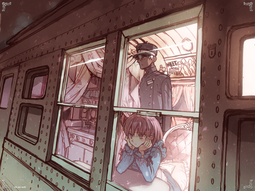 1boy a_(shiei_no_sona-nyl) akira_(kaned_fools) female hat head_rest highres lily_(shiei_no_sona-nyl) shiei_no_sona-nyl short_hair steampunk_(liarsoft) train train_interior uniform