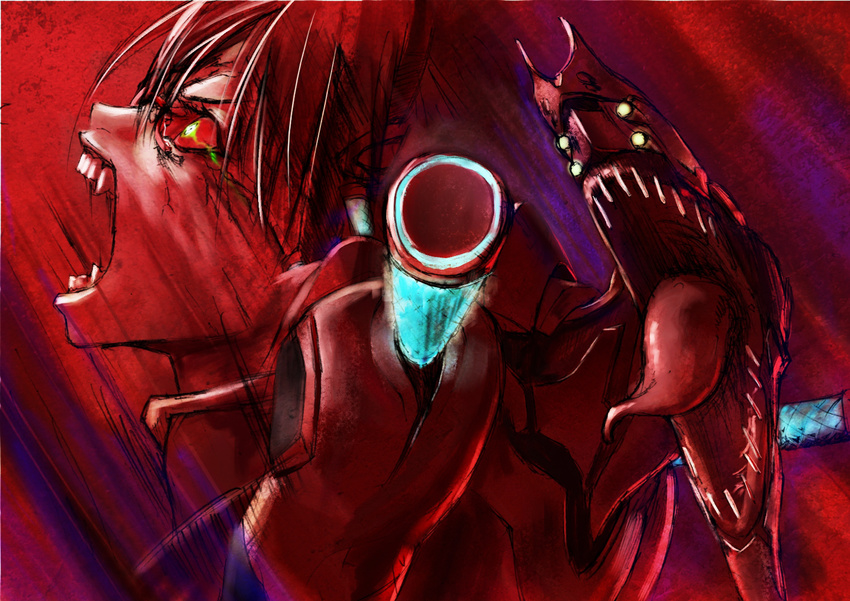 beast_mode_(evangelion) commentary_request eva_02 evangelion:_2.0_you_can_(not)_advance female glowing glowing_eye glowing_eyes green_eyes highres kath makinami_mari_illustrious mecha monochrome neon_genesis_evangelion open_mouth photoshop_(medium) profile rebuild_of_evangelion red_theme robot sharp_teeth shouting spot_color teeth tongue