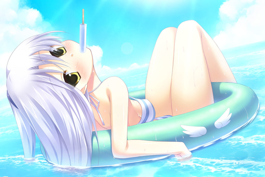 angel_beats! bad_id bad_pixiv_id bikini blush cloud day female food hitoguchi_(hioxhio) innertube long_hair looking_back mouth_hold ocean popsicle sky solo striped_bikini striped_clothes swim_ring swimsuit tachibana_kanade water white_hair yellow_eyes