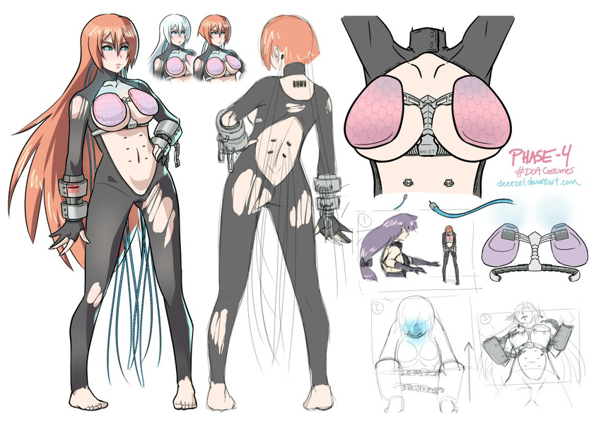 bad_deviantart_id bad_id barefoot black_sclera blue_eyes bodysuit breasts brown_hair colored_sclera concept_art cyborg dead_or_alive dead_or_alive_5 deeezel female hand_on_own_hip large_breasts long_hair multiple_views navel phase-4 reference_sheet torn_clothes underboob watermark web_address