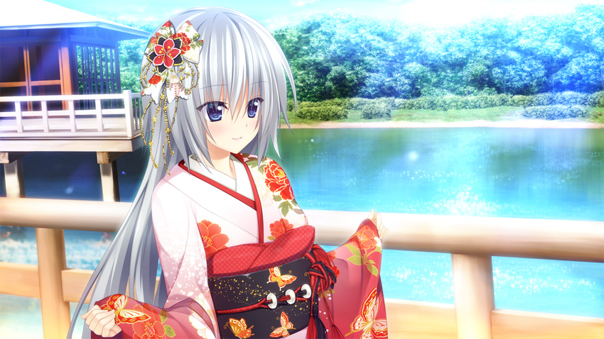 blue_eyes electrichka_sapsan game_cg gray_hair hibiki_works japanese_clothes long_hair oryou pretty_x_cation yukata