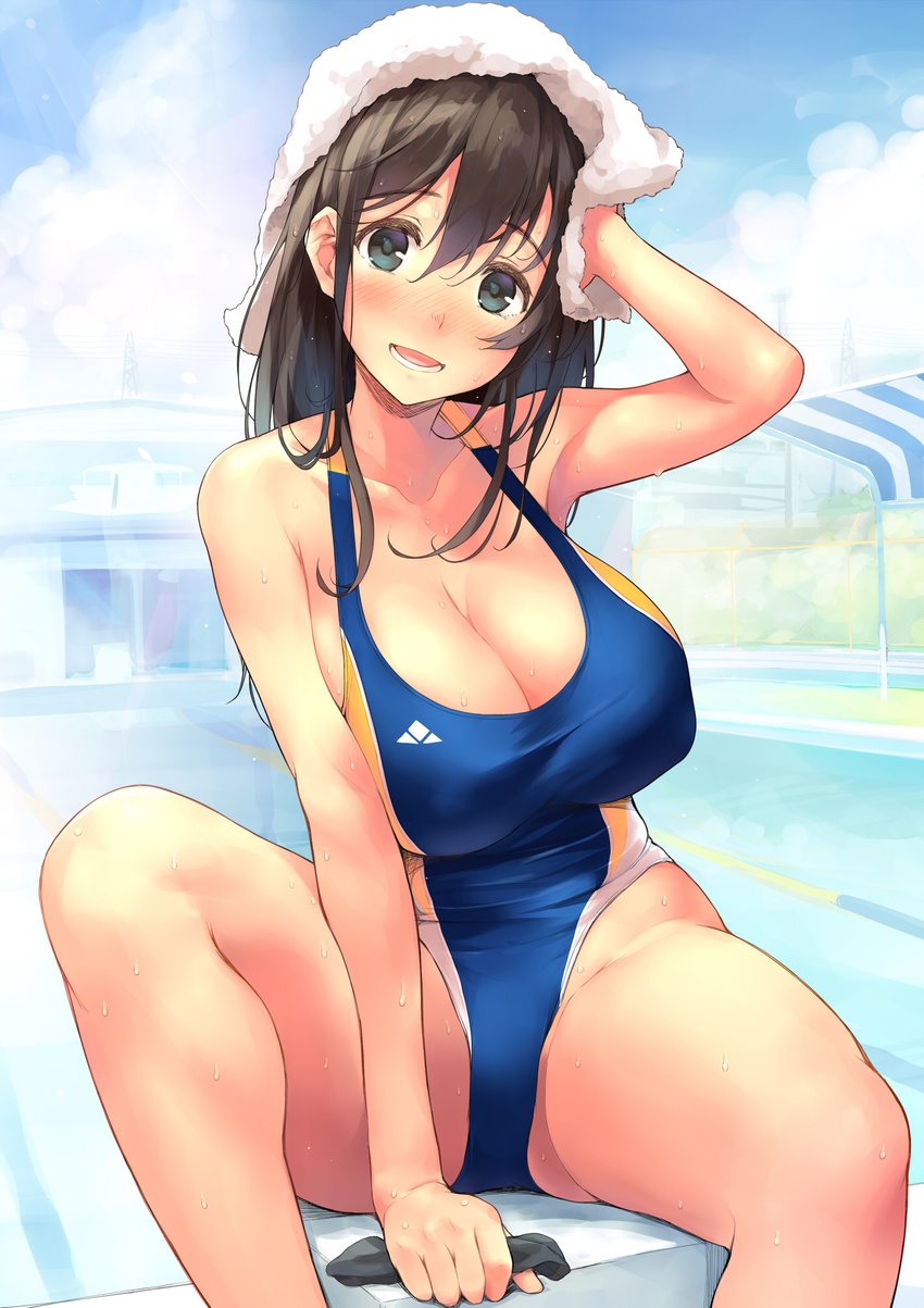 arm_up blue_eyes blush breasts brown_hair cleavage competition_swimsuit day female hair_between_eyes highleg highleg_swimsuit highres huge_breasts kekemotsu long_breasts long_hair looking_at_viewer one-piece_swimsuit open_mouth original outdoors pool sagging_breasts sitting smile solo starting_block swim_cap swim_cap_removed swimsuit towel towel_on_head wet