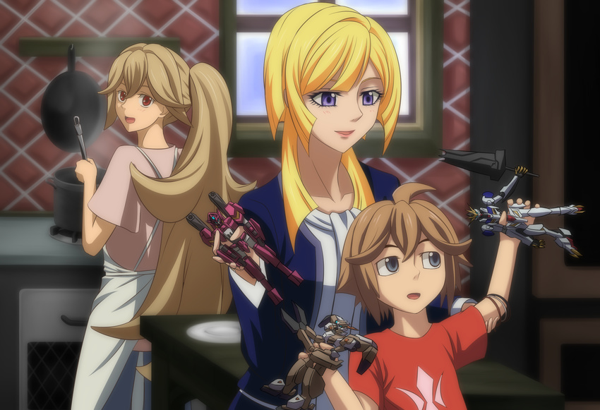 1boy 2girls :d akatsuki_(gundam_tekketsu_no_orphans) apron atra_mixta blonde_hair blue_apron blue_eyes brown_hair chibi_yawawa collarbone commentary_request grey_eyes grey_shirt gundam gundam_barbatos gundam_flauros gundam_gusion_rebake gundam_tekketsu_no_orphans gunpla highres indoors kitchen kudelia_aina_bernstein long_hair looking_back model_kit multiple_girls open_mouth ponytail red_eyes red_shirt shirt short_sleeves smile spoilers standing very_long_hair window