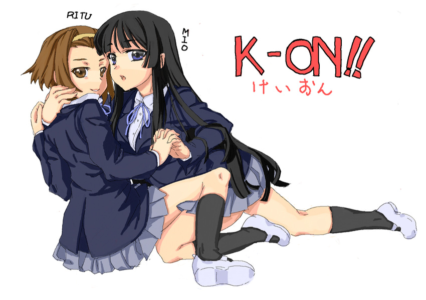 2girls akiyama_mio bad_id bad_pixiv_id black_eyes black_hair brown_eyes brown_hair chiha_(abo_ecm_mk25) hairband highres holding_hands hug interlocked_fingers k-on! long_hair multiple_girls sakuragaoka_high_school_uniform school_uniform short_hair tainaka_ritsu yuri