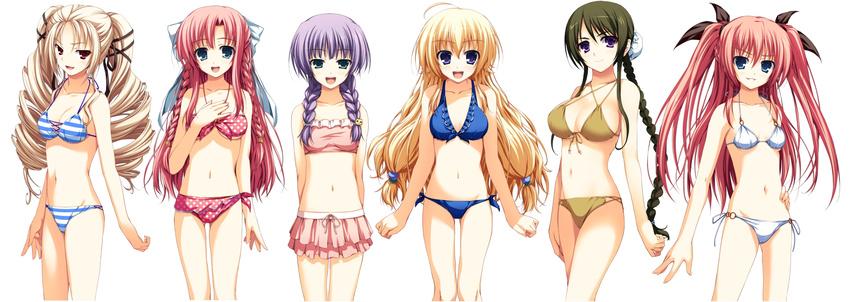 6+girls akatsuki_no_goei bikini bikini_skirt blue_eyes braid breasts brown_hair cleavage criss-cross_halter drill_hair frilled_bikini frills front-tie_top green_eyes hair_bun halterneck hand_on_own_hip highres kokudou_kyouka kurayashiki_tae long_hair looking_at_viewer medium_breasts multiple_girls navel nikaidou_aya nikaidou_reika non-web_source open_mouth pink_hair polka_dot polka_dot_bikini purple_eyes purple_hair red_eyes shion_(akatsuki_no_goei) side-tie_bikini_bottom simple_background single_hair_bun small_breasts smile string_bikini striped_bikini striped_clothes swimsuit tomose_shunsaku tsuki_(akatsuki_no_goei) twin_braids twin_drills twintails white_background