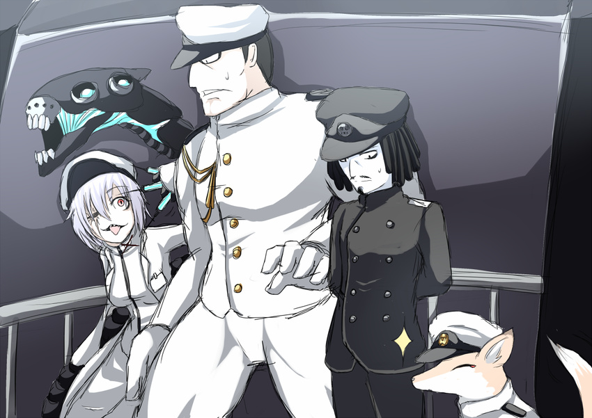 2boys :p abyssal_admiral_(kancolle) admiral_(kancolle) admiral_suwabe black_hair borrowed_character commentary_request crossover female female_abyssal_admiral_(kancolle) female_admiral_(kancolle) kantai_collection matsuda_chiyohiko military military_uniform multiple_boys naval_uniform ogawa_shou red_eyes scar scar_across_eye scar_on_face syringe tonda_(style) tongue tongue_out uniform white_hair