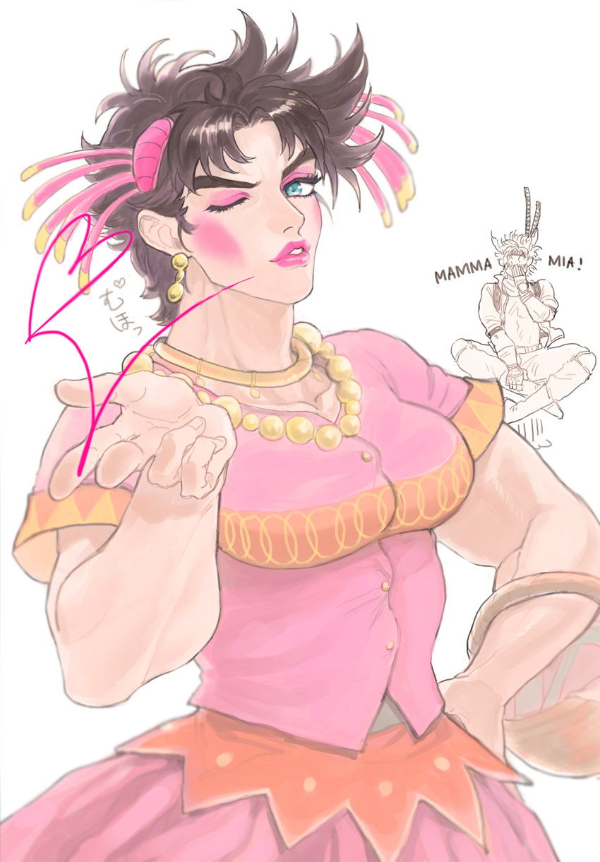 1boy bad_id bad_pixiv_id basket blowing_kiss brown_hair caesar_anthonio_zeppeli crossdressing dress hair_ornament heart highres jojo_no_kimyou_na_bouken joseph_joestar joseph_joestar_(tequila) joseph_joestar_(young) macaroni_(piyo4508) makeup one_eye_closed