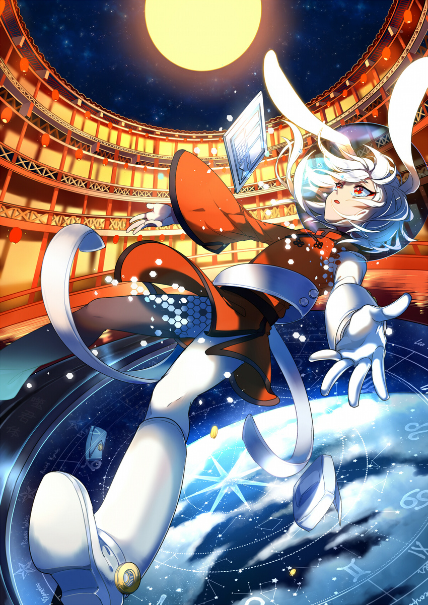 animal_ears architecture asymmetrical_sleeves black_pantyhose boots changpao character_request chinese_clothes clock coin commentary_request dissolving_clothes east_asian_architecture eyebrows fishbowl_helmet floating floating_hair full_moon funamusea gloves gold helmet hexagon highres honeycomb_(pattern) lantern long_hair long_sleeves moon night night_sky outstretched_arms palms pantyhose paper_lantern parted_lips planet rabbit_ears railing red_eyes sash shi_jun_ti single_glove sky sleeveless solo space_helmet star_(sky) tablet_pc tears transparent uneven_sleeves white_footwear white_gloves white_pantyhose wide_sleeves zodiac