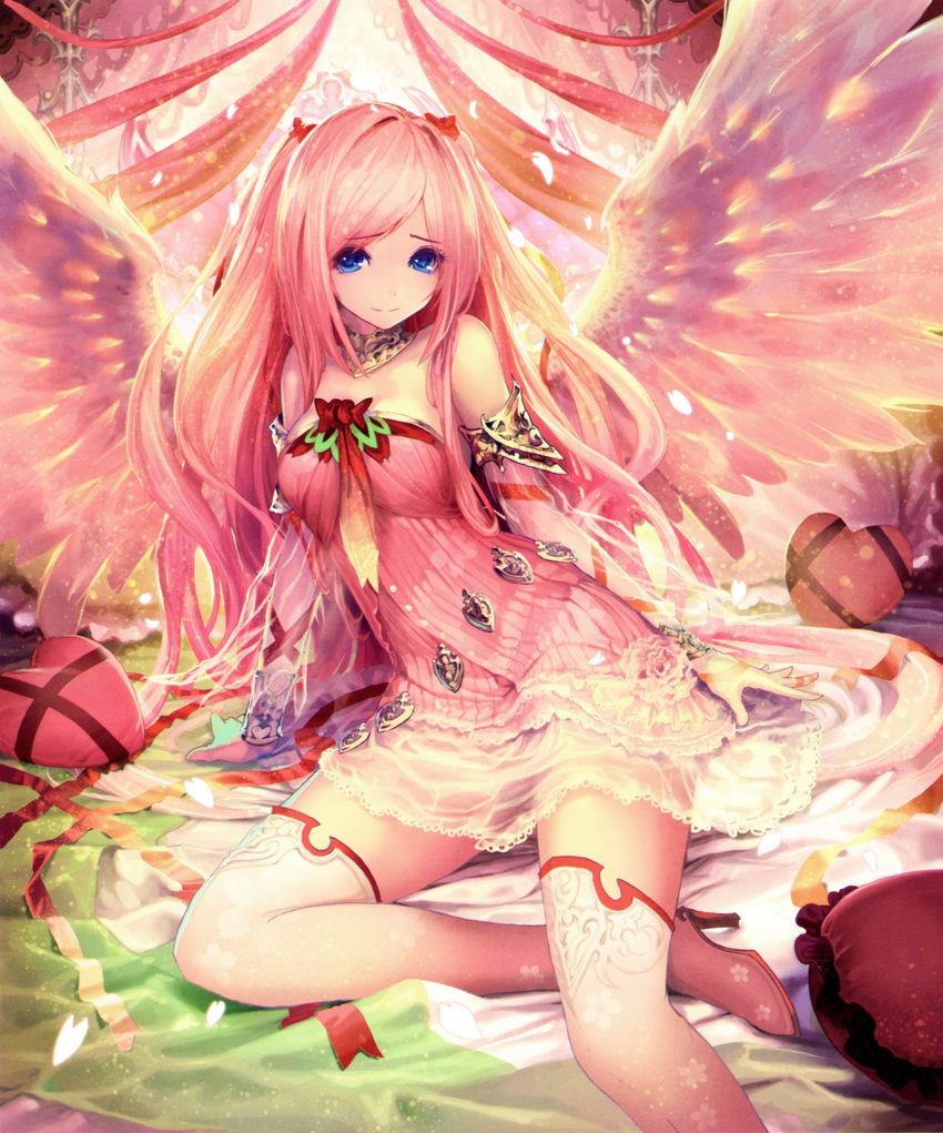 absurdres bare_shoulders blue_eyes boots bracelet cherry_blossoms choker detached_sleeves dress female hair_ornament heart high_heel_boots high_heels highres jewelry kirsch long_hair petals photoshop_(medium) pink_dress pink_hair ribbon scan shingeki_no_bahamut sitting smile solo strapless strapless_dress tachikawa_mushimaro thigh_boots thighhighs two_side_up wings yokozuwari