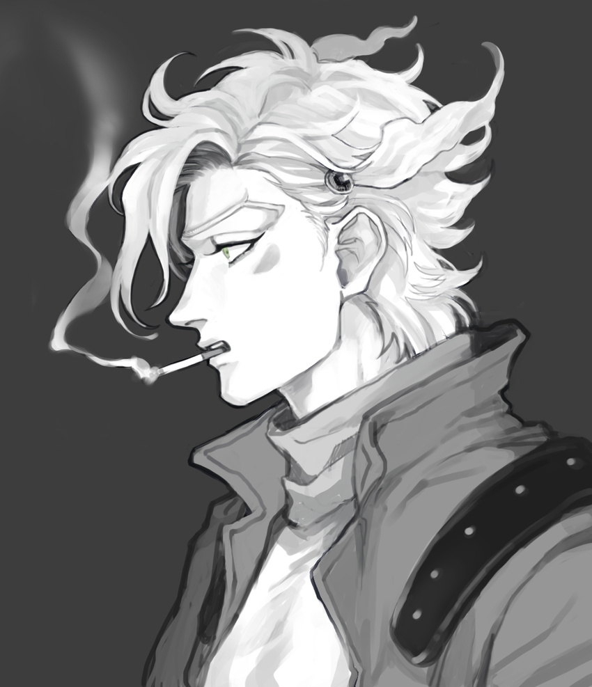 1boy bad_id bad_pixiv_id battle_tendency caesar_anthonio_zeppeli cigarette facial_mark feather_hair_ornament feathers from_side greyscale hair_ornament high_collar highres jacket jojo_no_kimyou_na_bouken looking_ahead looking_away macaroni_(piyo4508) male_focus monochrome no_headband portrait profile scarf short_hair smoking solo