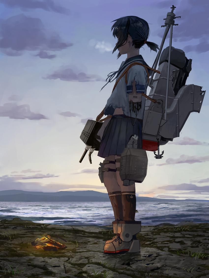 absurdres amputee anchor anchor_symbol bad_id bad_pixiv_id black_hair bonfire boots cloud commentary damaged female from_side fubuki_(kancolle) full_body highres holding holding_weapon horizon kantai_collection kneehighs looking_to_the_side machinery mechanical_arms mechanical_parts morning ocean outdoors photoshop_(medium) pleated_skirt revision scenery school_uniform serafuku shirt short_hair short_ponytail short_sleeves sidelocks single_mechanical_arm skirt sky socks solo standing tomiya_(tomiya2117) torn_clothes torn_shirt turret water weapon wind