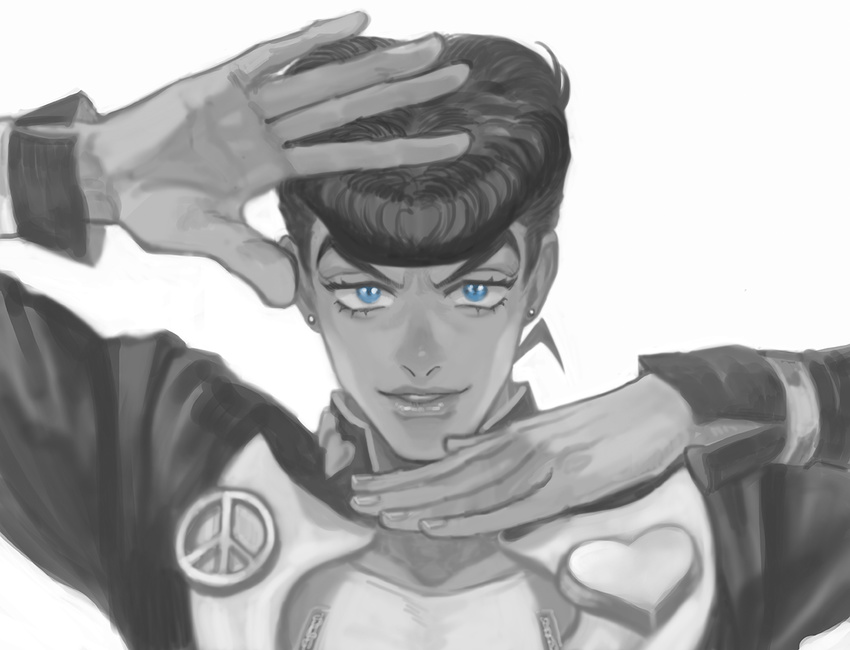 1boy bad_id bad_pixiv_id blue_eyes brooch diamond_wa_kudakenai earrings gakuran hands_up heart higashikata_josuke jewelry jojo_no_kimyou_na_bouken jojo_pose looking_at_viewer macaroni_(piyo4508) male_focus monochrome peace_symbol pompadour pose school_uniform simple_background solo spot_color white_background