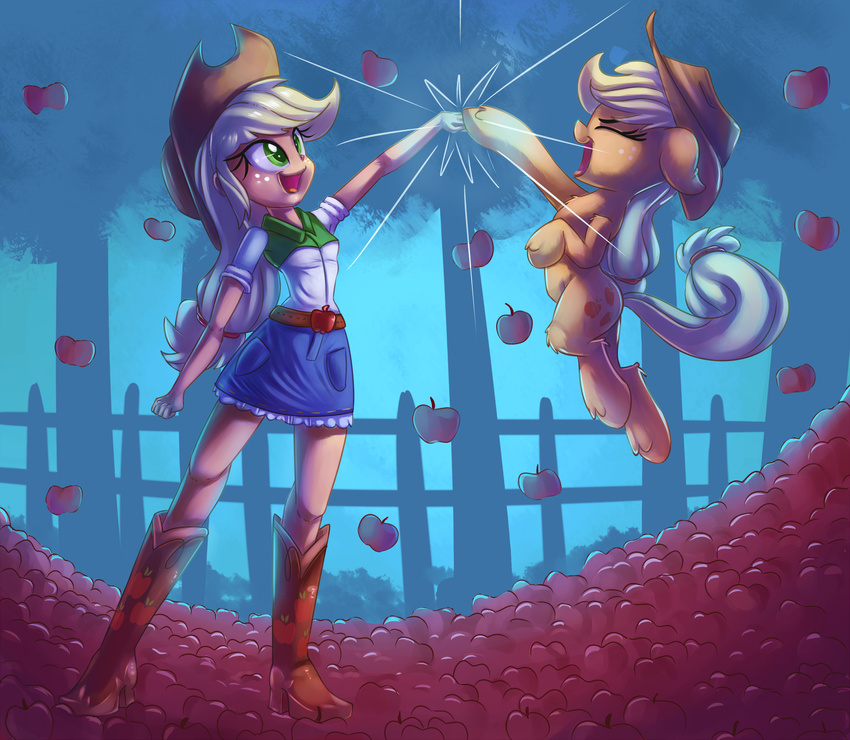 2016 alternate_species apple applejack_(eg) applejack_(mlp) belt boots bottomwear breasts closed_eyes clothed clothing cowboy_boots cowboy_hat cutie_mark denim denim_bottomwear denim_clothing denim_skirt duo equestria_girls eyebrows eyelashes female fist_bump food footwear freckles friendship_is_magic fruit gesture hasbro hat headgear headwear hi_res human humanized mammal my_little_pony plant shirt skirt thediscorded topwear