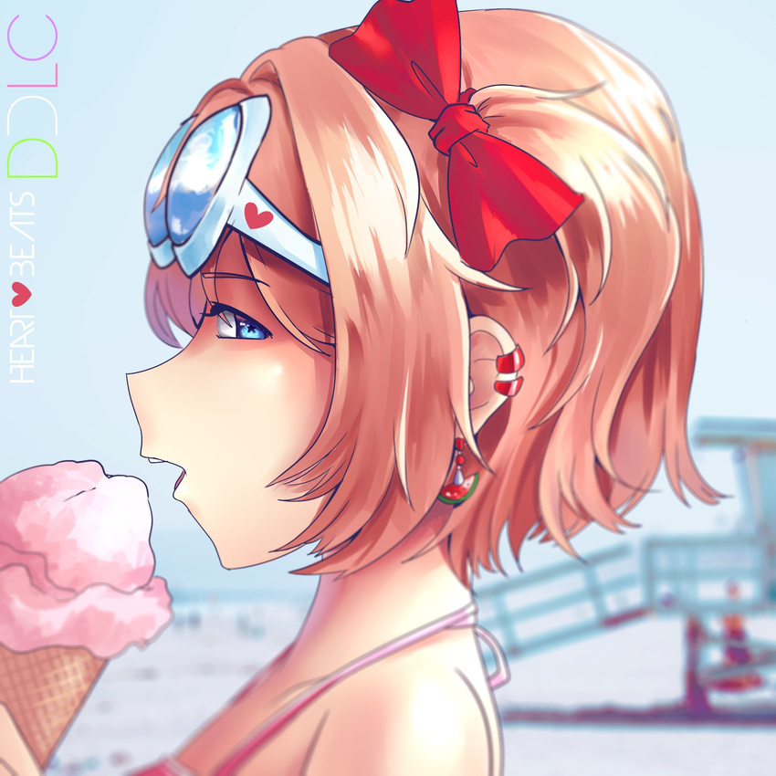 bare_shoulders beach blue_eyes blurry blurry_background bow brown_hair collarbone commentary doki_doki_literature_club earclip earrings eating english_commentary eyewear_on_head female food from_side hairbow hannah_santos heart highres ice_cream jewelry looking_at_viewer looking_to_the_side multiple_earrings open_mouth pink_shirt portrait profile protected_link red_bow sayori_(doki_doki_literature_club) shirt short_hair solo teeth upper_teeth_only