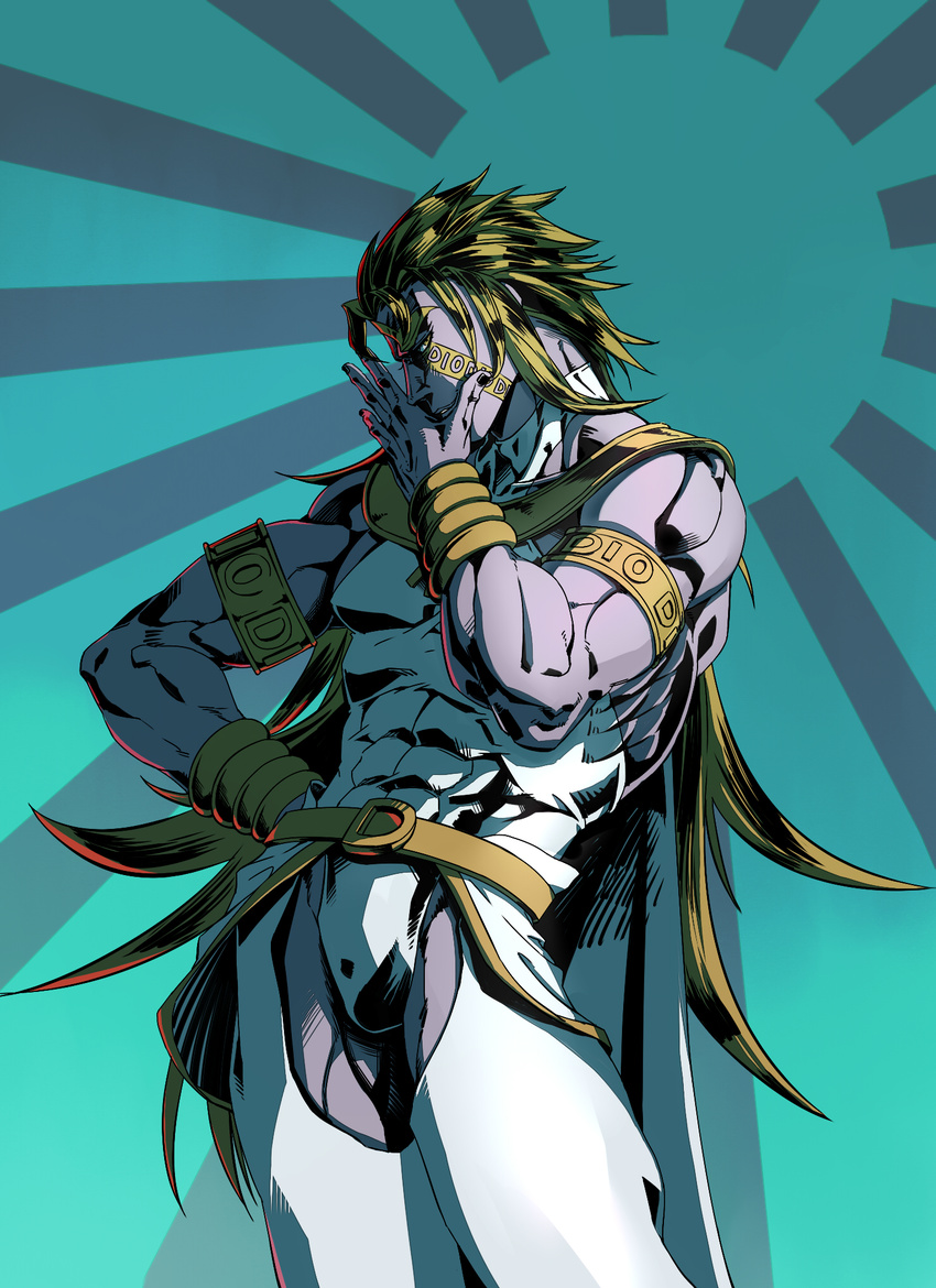 1boy abs armband black_nails blonde_hair colored_skin commentary_request dio_brando evil_smile facial_mark heaven_ascended_dio highres huang_dian jojo_no_kimyou_na_bouken jojo_no_kimyou_na_bouken:_eyes_of_heaven long_hair male_focus muscular nail_polish purple_skin rising_sun_flag smile solo sunburst sunburst_background very_long_hair wrist_cuffs yellow_eyes