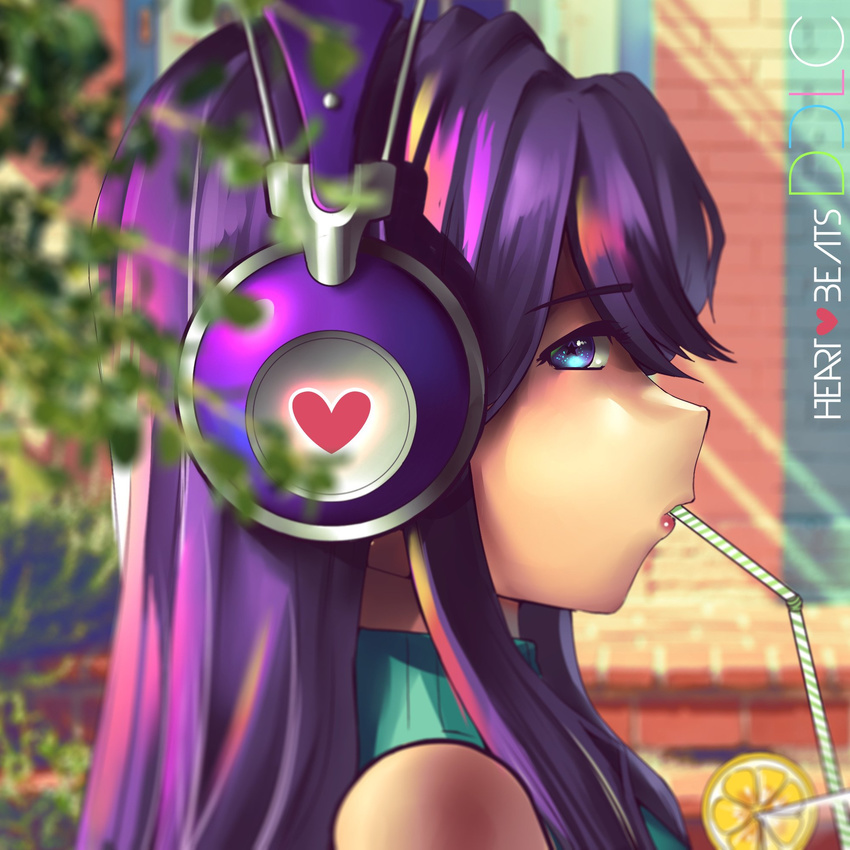 aqua_eyes bare_shoulders blurry blurry_background blurry_foreground brick_wall clothing_cutout commentary cup depth_of_field doki_doki_literature_club drinking drinking_glass drinking_straw english_commentary female food from_side fruit hair_between_eyes hannah_santos headphones heart highres lemon lemon_slice lips long_hair looking_at_viewer looking_to_the_side multicolored_eyes parted_lips plant portrait profile protected_link purple_eyes purple_hair red_lips shoulder_cutout sidelocks sideways_glance solo star-shaped_pupils star_(symbol) sweater symbol-shaped_pupils turtleneck turtleneck_sweater yuri_(doki_doki_literature_club)