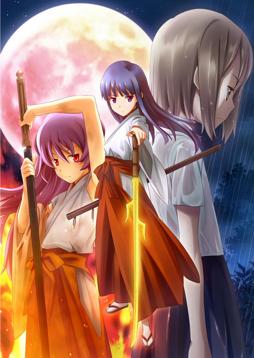 3girls armpits artist_request blonde_hair blue_eyes blue_hair brown_eyes character_request check_artist check_character cover furude_ouka furude_rika hakama hakama_skirt hanyuu highres higurashi_no_naku_koro_ni hime_cut horns japanese_clothes long_hair looking_at_viewer miko moon multiple_girls official_art onigari-no-ryuuou purple_hair rain rato red_eyes red_hakama short_hair skirt sword tanashi_miyoko weapon wet wet_clothes wind