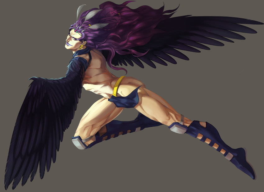 1boy battle_tendency boots commentary_request earrings evil_smile feathered_wings feathers full_body headband highres huang_dian jewelry jojo_no_kimyou_na_bouken kars_(jojo) knee_pads lipstick loincloth long_hair makeup male_focus muscular pelvic_curtain purple_footwear purple_hair purple_lips red_eyes smile solo wings