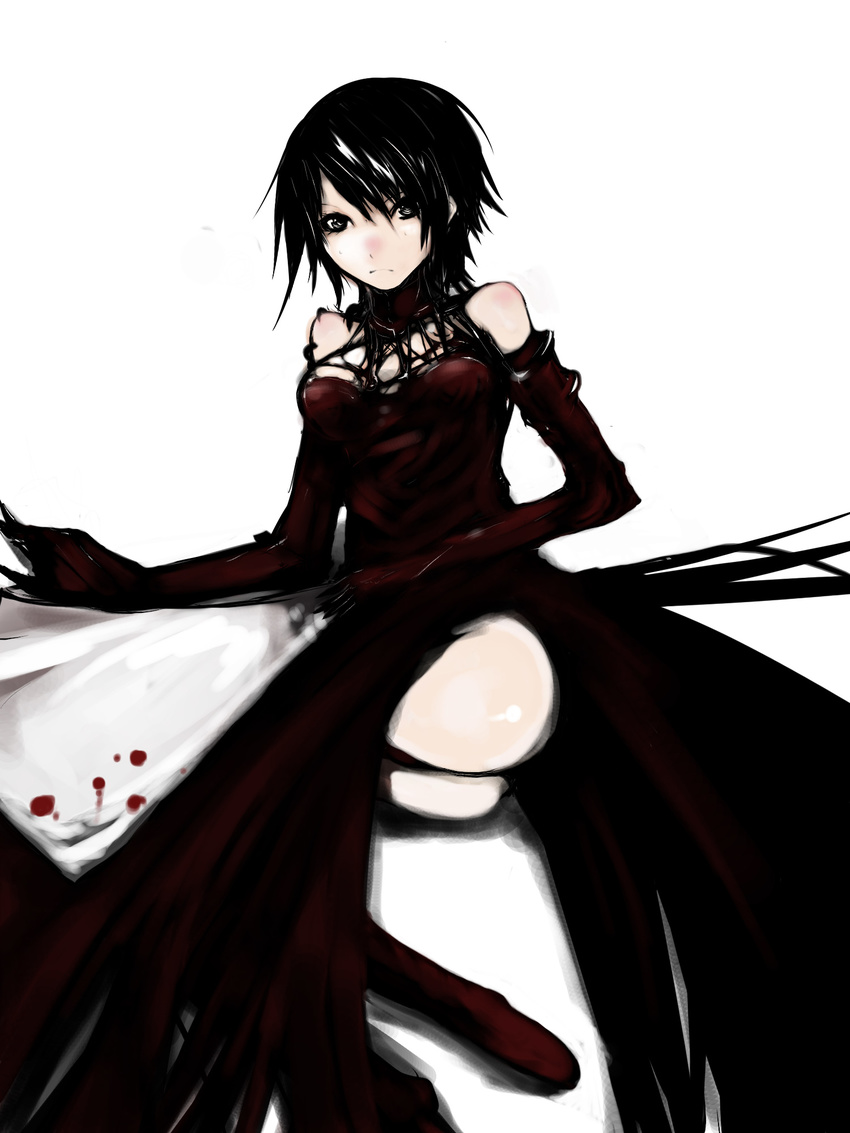 apron ass biomega black_eyes black_hair blood commentary_request dress elbow_gloves female frown gloves highres kae_(artist) kardal_spindal reclining short_hair solo white_background