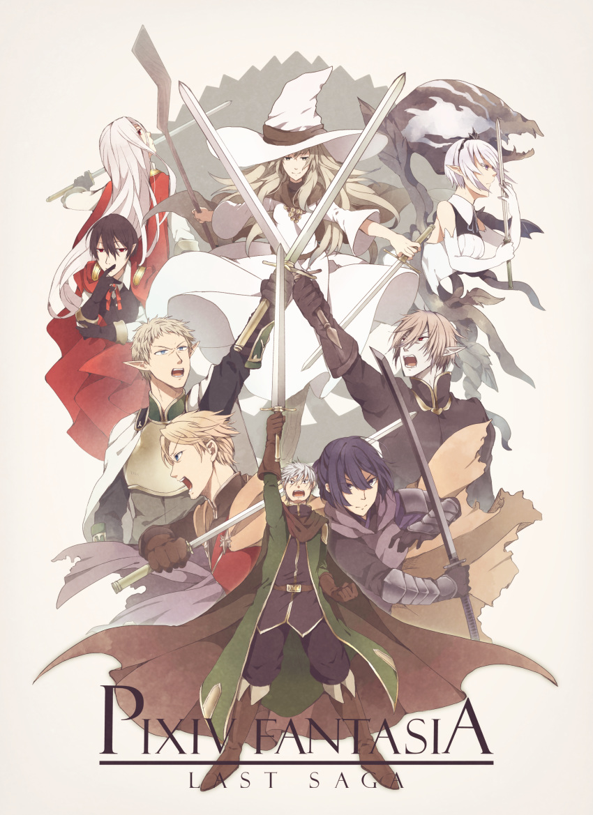 4girls 5boys :o absurdres armor belt black_gloves blonde_hair blue_eyes bracer brown_cape brown_gloves cape clenched_hand commentary_request copyright_name crossed_swords dress dual_wielding elbow_gloves elion_the_king_of_spirits erebas_the_demon_king ethan_the_exiled_hero gideon_(pixiv_fantasia_last_saga) gloves hat hayakawaseli highres holding holding_staff holding_sword holding_weapon inna_the_queen_of_the_ruined_country miracera_master_of_the_magic_institute multiple_boys multiple_girls niggurath_the_ancient_tree_branch pale_skin pixiv_fantasia pixiv_fantasia_last_saga pointy_ears red_cape robe shouting simple_background sleeveless sleeveless_dress staff sword vector_guild_chief weapon white_gloves white_hair white_headwear white_robe wizard_hat yellow_cape