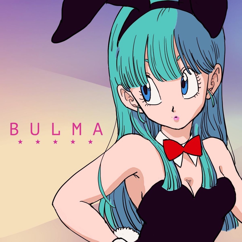 animal_ears bare_arms bare_shoulders blue_eyes blue_hair bow bowtie breasts bulma_briefs character_name commentary_request dragon_ball dragon_ball_(classic) fake_animal_ears female gradient_background gradient_hair hair_between_eyes highres leotard long_hair looking_away medium_breasts multicolored_hair playboy_bunny rabbit_ears rabbit_tail red_bow red_bowtie solo star_(symbol) strapless strapless_leotard tail tkgsize upper_body