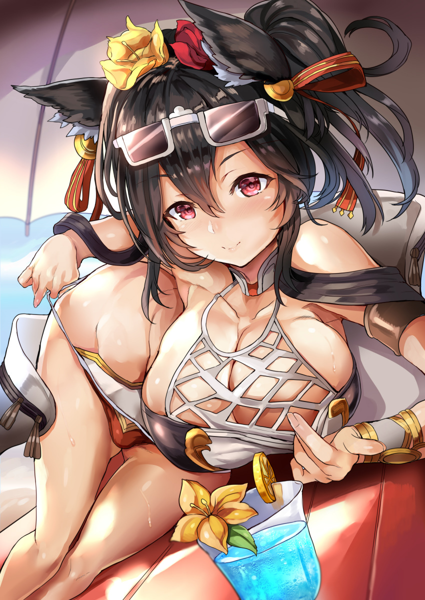 animal_ears cleavage granblue_fantasy himuro ilsa_(granblue_fantasy) megane swimsuits undressing