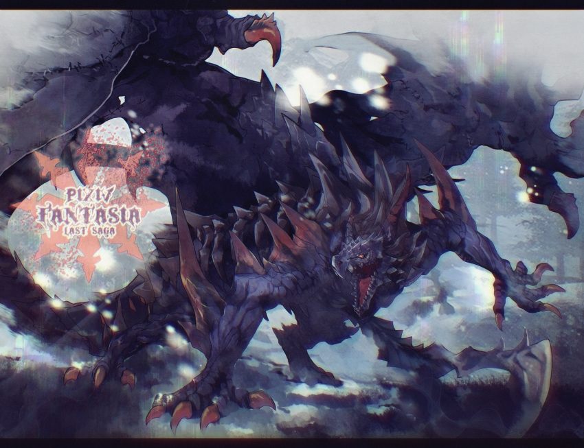 bad_id bad_pixiv_id blurry blurry_background commentary_request copyright_name dragon letterboxed logo murok_(pixiv_fantasia) no_humans open_mouth outdoors pixiv_fantasia pixiv_fantasia_last_saga red_eyes rererenoren solo