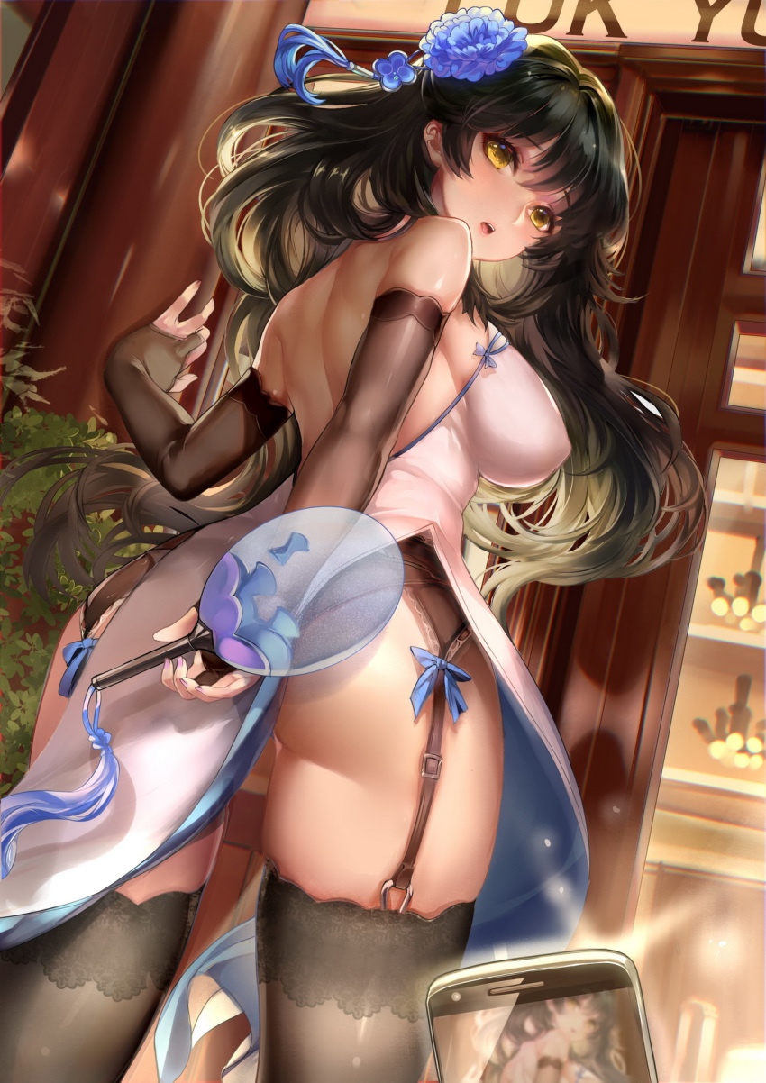 ass back backless_dress backless_outfit bare_back black_hair black_panties black_thighhighs bow breasts cellphone china_dress chinese_clothes commentary_request covered_nipples dress elbow_gloves female flower from_behind garter_belt girls'_frontline gloves hair_flower hair_ornament hand_fan highres lace lace-trimmed_legwear lace_trim large_breasts lips long_hair looking_at_viewer looking_back median_furrow official_alternate_costume open_mouth panties phone side_slit sideboob smartphone st.microscope strapless taking_picture thighhighs type_95_(girls'_frontline) type_95_(narcissus)_(girls'_frontline) underwear yellow_eyes